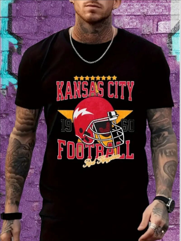 Large Size Men's KC Football Graphic Print Crew Neck Short-sleeved T-shirt, Casual Crew Neck, Slight Stretch, Knitted Fabric Suitable For All Seasons, Regular Fit