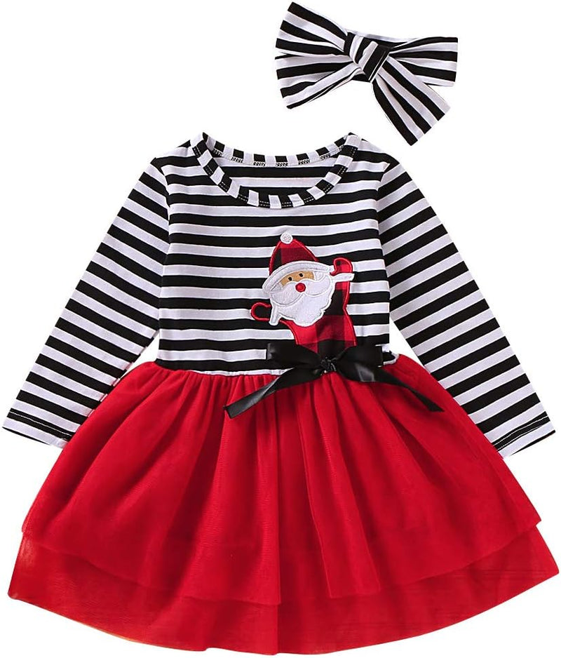 Toddler Baby Girl Christmas Dress Cotton Long Sleeve Santa Prints Christmas Tutu Dress+Headband 2PCS Outfits