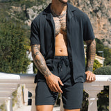 Men's Solid Color Casual Lapel Short Sleeve Shirt Shorts Suit