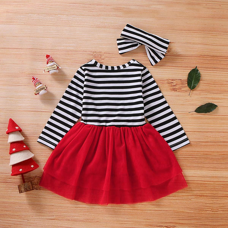 Toddler Baby Girl Christmas Dress Cotton Long Sleeve Santa Prints Christmas Tutu Dress+Headband 2PCS Outfits