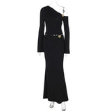 Sexy Slim Oblique Shoulder Skirt Suit With Flower Fashion Bell Sleeve Long Sleeve Top And High Waist Long Skirt Women Clothing