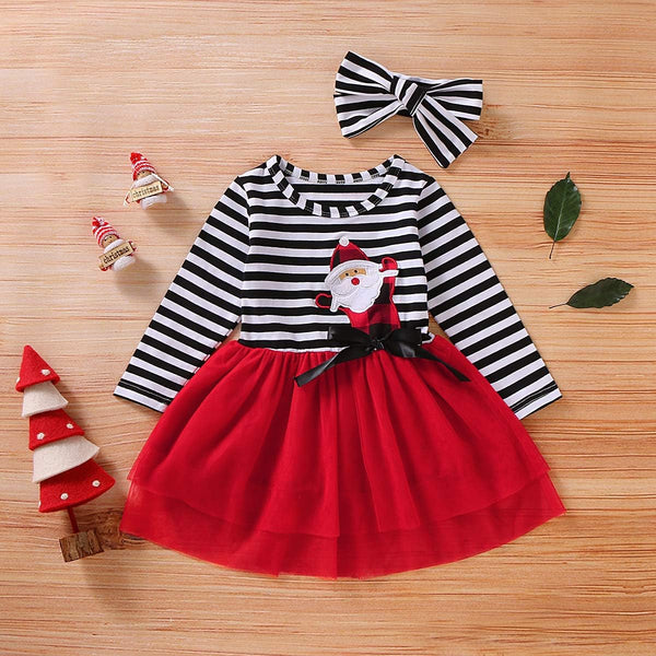 Toddler Baby Girl Christmas Dress Cotton Long Sleeve Santa Prints Christmas Tutu Dress+Headband 2PCS Outfits