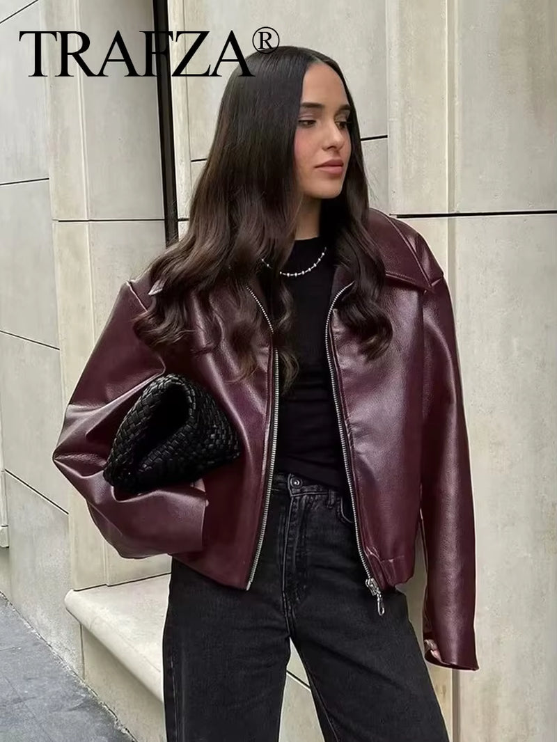 Women Fashion Burgundy Faux Leather Jackets Casual Lapel Long Sleeves Coat Zipper Autumn Female High Street Outerwear