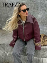 Women Fashion Burgundy Faux Leather Jackets Casual Lapel Long Sleeves Coat Zipper Autumn Female High Street Outerwear