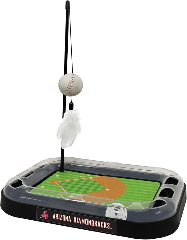 Cat Scratching Toy MLB ARIZONA DIAMONDBACKS Baseball Field Cat Scratcher Toy with Interactive Cat Ball Bell in Tracks. 5-In-1 CAT TOY: Cat Wand Poll with CATNIP FILLED Plush Baseball & Feathers.