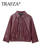 Women Fashion Burgundy Faux Leather Jackets Casual Lapel Long Sleeves Coat Zipper Autumn Female High Street Outerwear