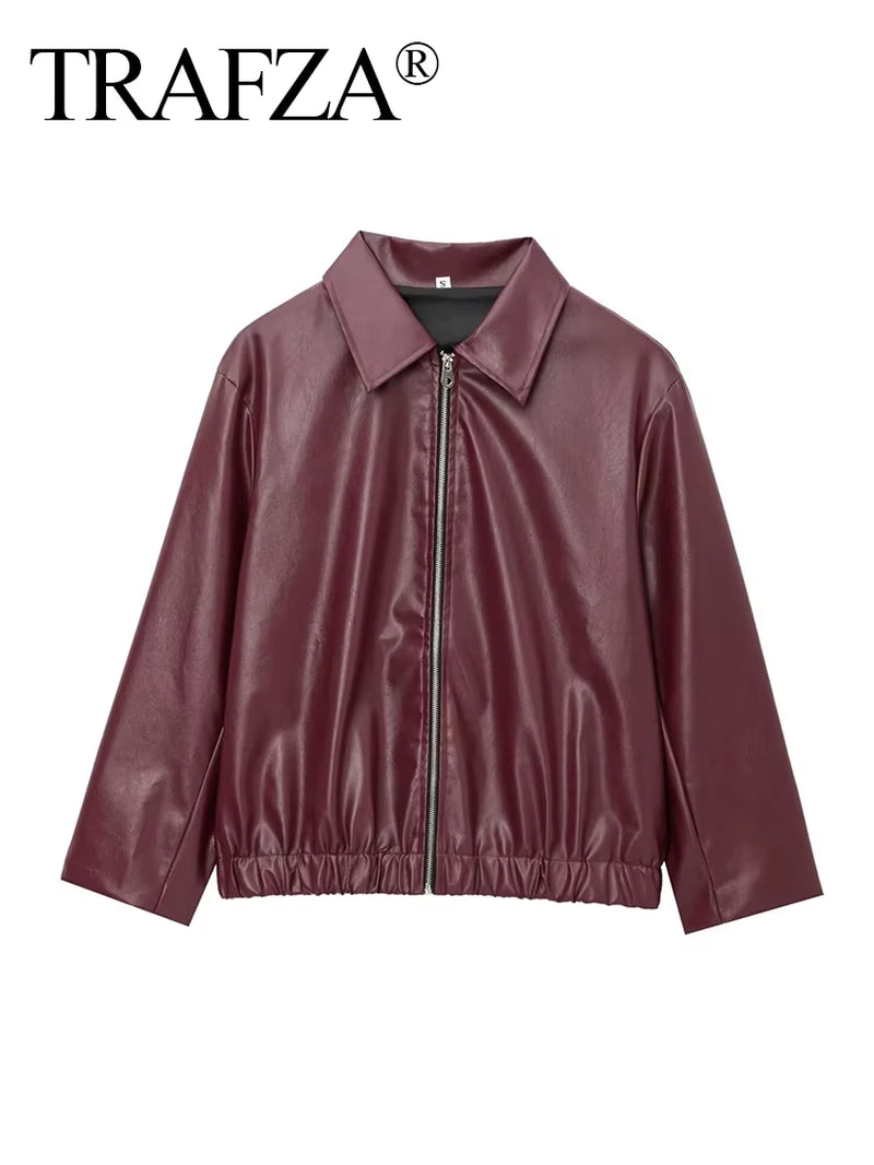 Women Fashion Burgundy Faux Leather Jackets Casual Lapel Long Sleeves Coat Zipper Autumn Female High Street Outerwear