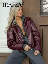 Women Fashion Burgundy Faux Leather Jackets Casual Lapel Long Sleeves Coat Zipper Autumn Female High Street Outerwear