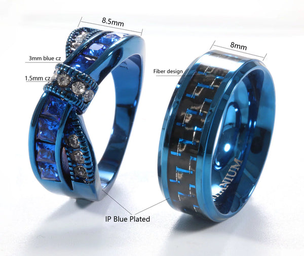 2 Blue Matching Rings Couple Ring 1CT AAA CZ Women Wedding Ring Female Ring